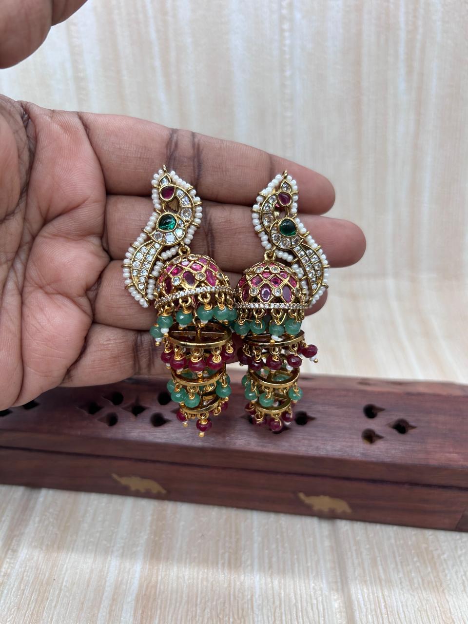 Peacock Jhumka — Green Pink