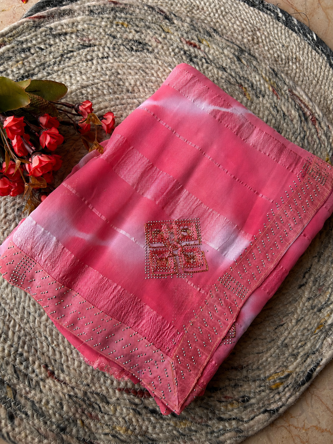 Pink Chiffon Georgette Saree with Stone & Thread Work