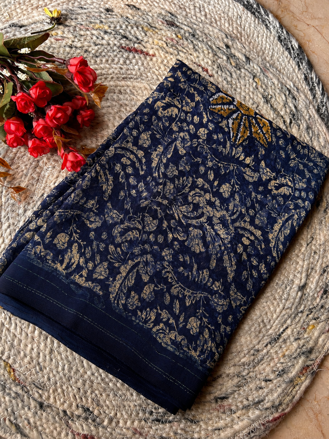 Indigo Blue Pathani Print Fancy Poonam Saree